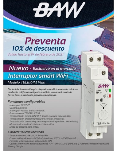 Baw Tele161m Plus Telerruptor Din Wifi Timer Programable / Cuenta Regresiva, Domotica