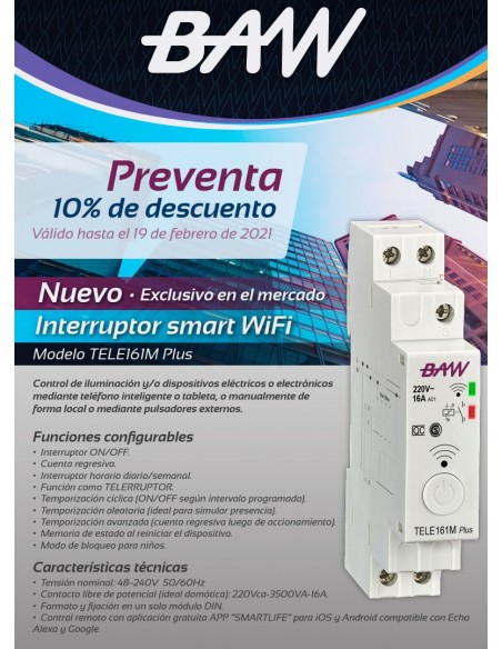 Baw Tele161m Plus Telerruptor Din Wifi Timer Programable / Cuenta Regresiva, Domotica